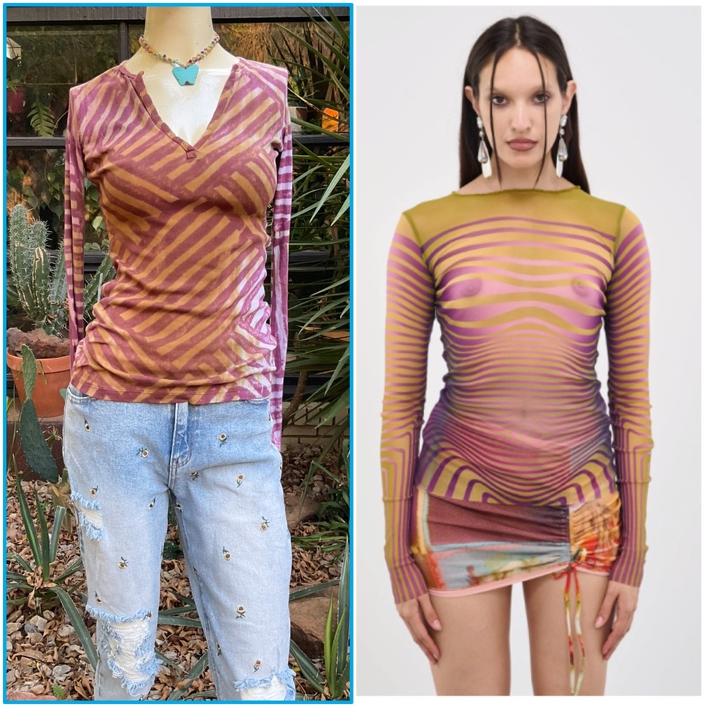 Y2K Geo Striped Tie Dye Henley Layering Top